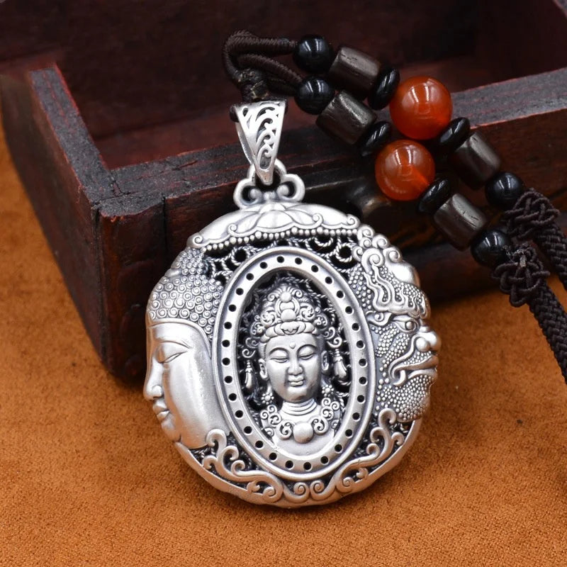 Retro Buddha & Guardian Amulet Necklace – Hand-Carved Blessing Pendant