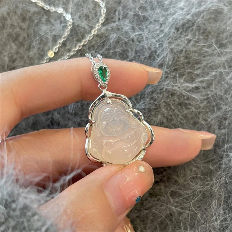 Blessing Jade Maitreya Buddha Pendant – Sterling Silver Good Fortune Necklace