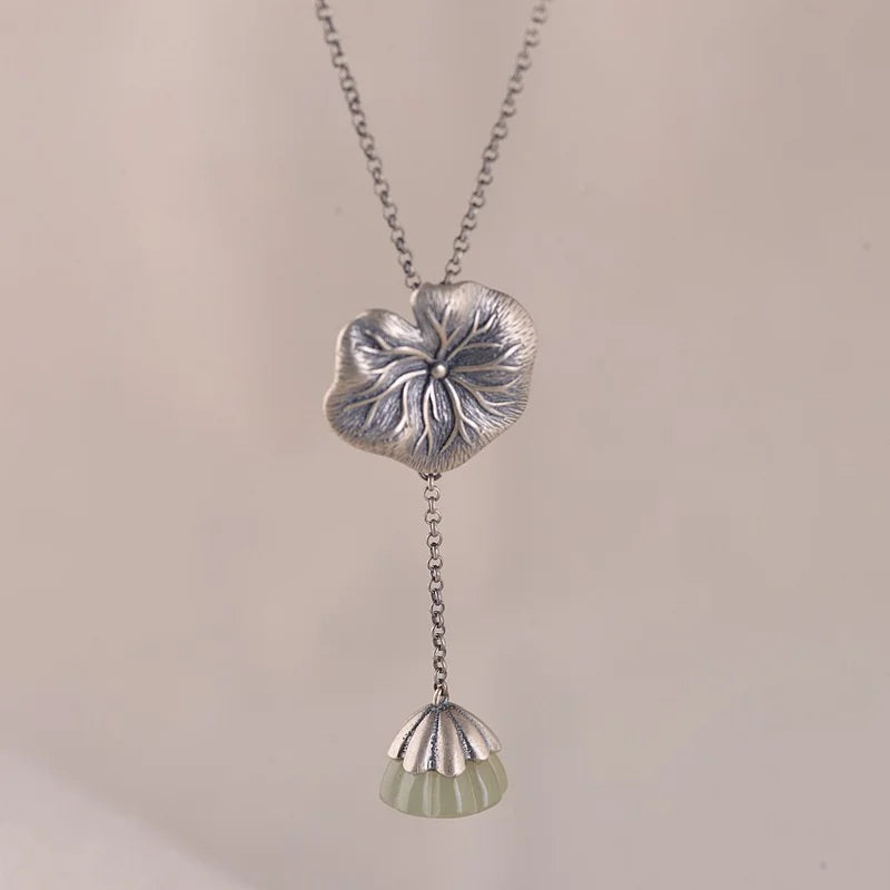 Ethnic Lotus Leaf & Jade Tassel Necklace