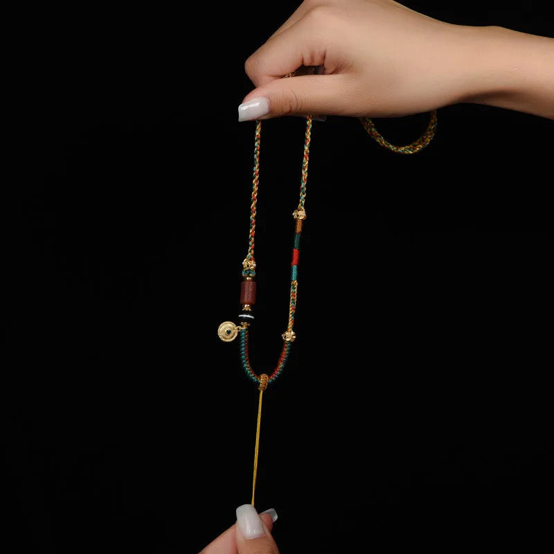Tibetan-Style Hand-Woven Necklace – Beeswax Amulet & Thangka Pendant Rope