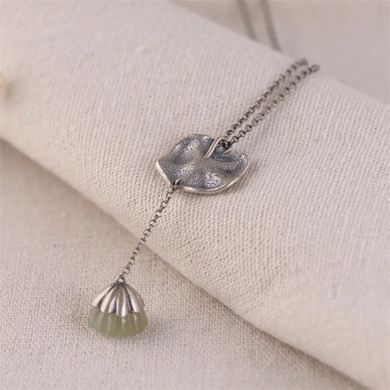 Ethnic Lotus Leaf & Jade Tassel Necklace