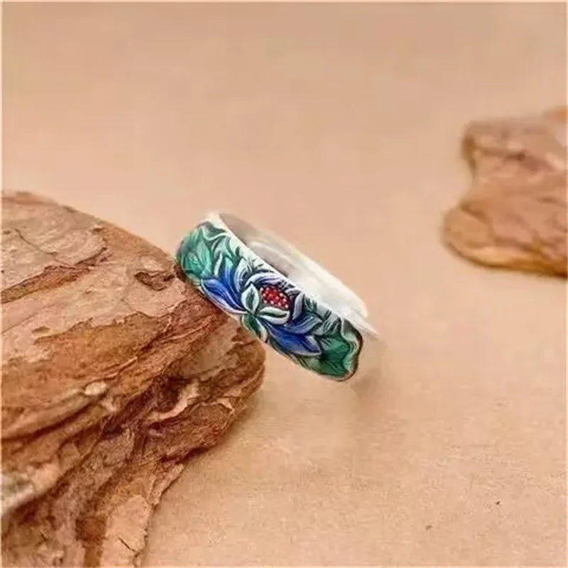 Radiant Lotus Blossom Ring – Sterling Silver Adjustable Enamel Symbol of Renewal & Inner Peace
