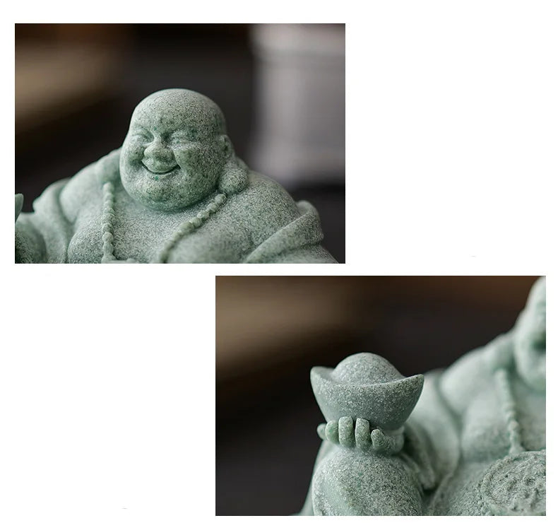 Green Sandstone Laughing Buddha Statue Chinese Buddhist figures Zen Buddha Home Room Office Wealth Luck Feng Shui Decor