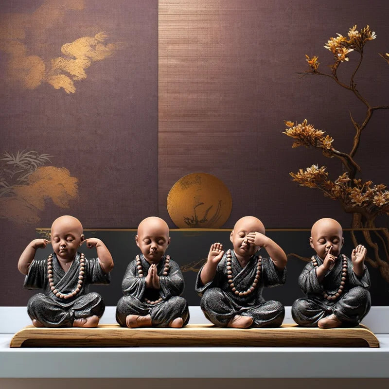 Four Little Monk Ceramic Statues – See No Evil, Hear No Evil, Speak No Evil & Prayer for Blessings