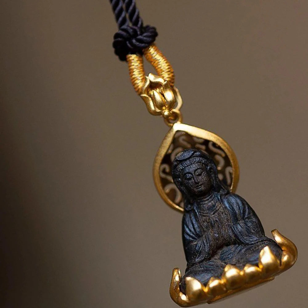 Handmade Guanyin Buddha Pendant Necklace – Adjustable Black Rope Spiritual Jewelry