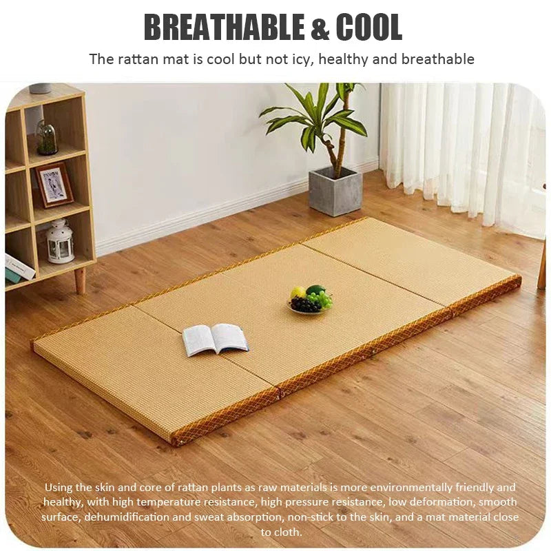Foldable Tatami Meditation Mattress – Hard 3E Coconut Palm Core | Rattan Yoga Pad & Floor Bed