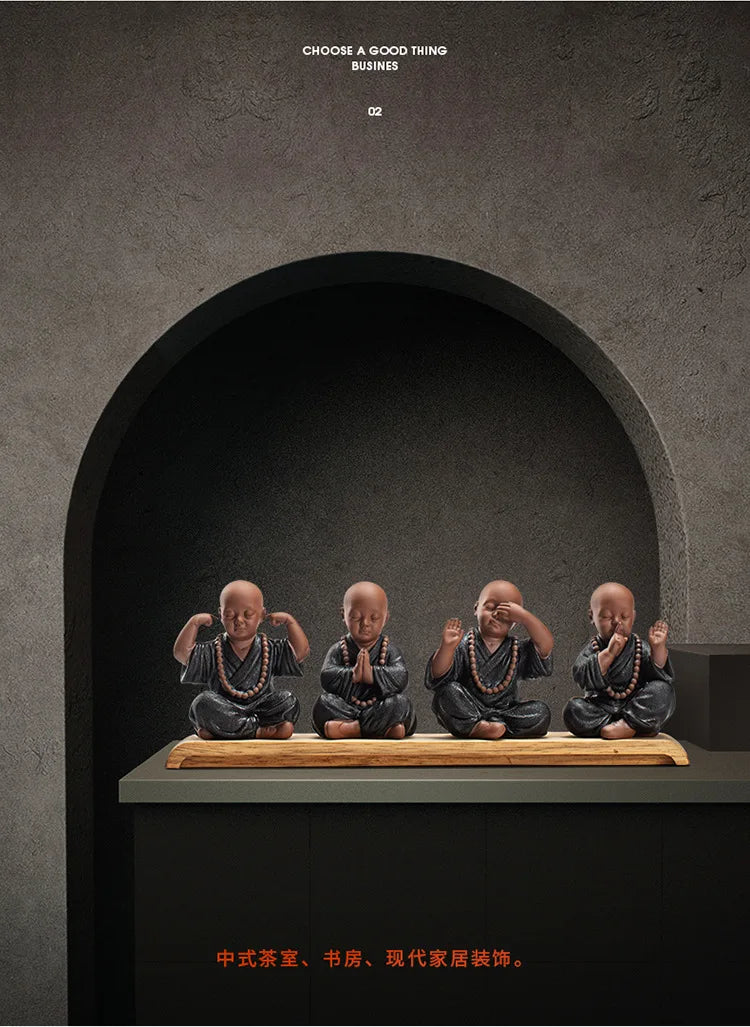 Four Little Monk Ceramic Statues – See No Evil, Hear No Evil, Speak No Evil & Prayer for Blessings