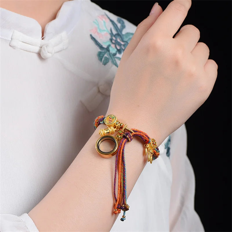 Hand-woven Tibetan Style Bracelet – Green Tara & Five Blessings Amulet