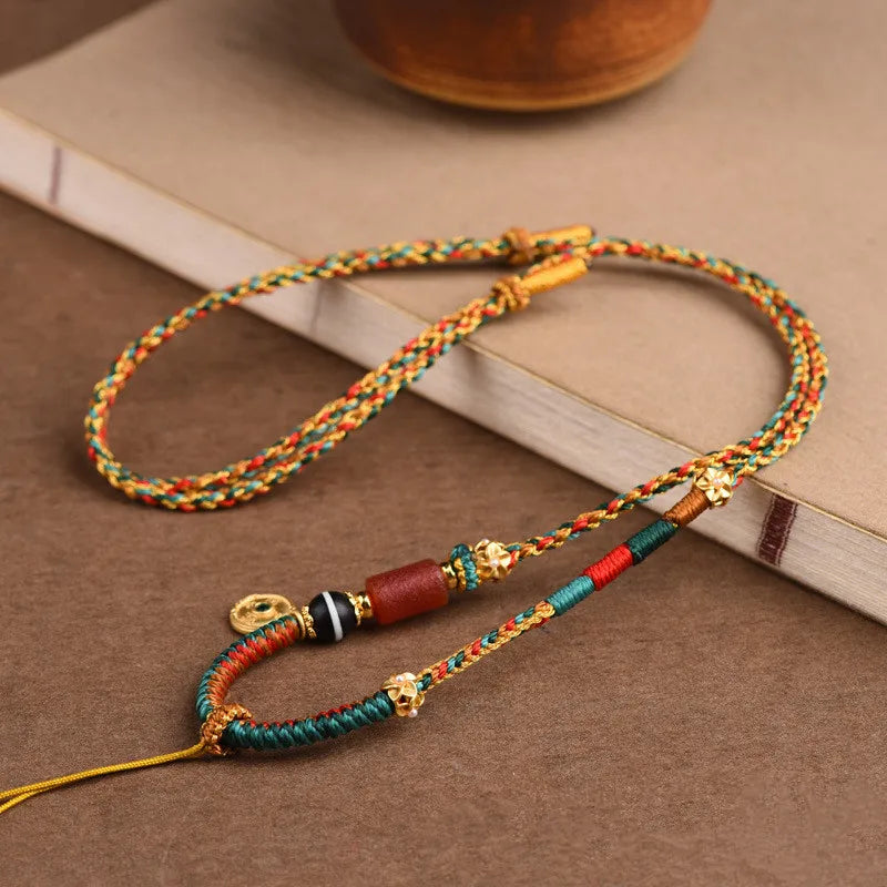 Tibetan-Style Hand-Woven Necklace – Beeswax Amulet & Thangka Pendant Rope