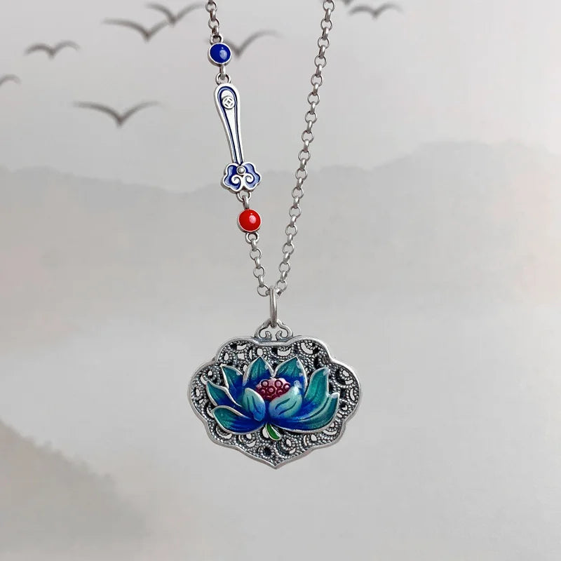 Vintage Hollow Lotus Pendant Necklace – Six Character Mantra Blessing