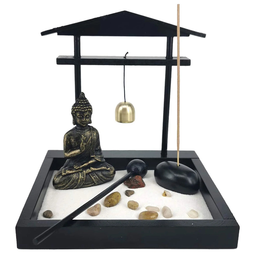 Desktop Zen Sand Garden with Meditating Buddha Statue – Complete Miniature Sand Tray Kit