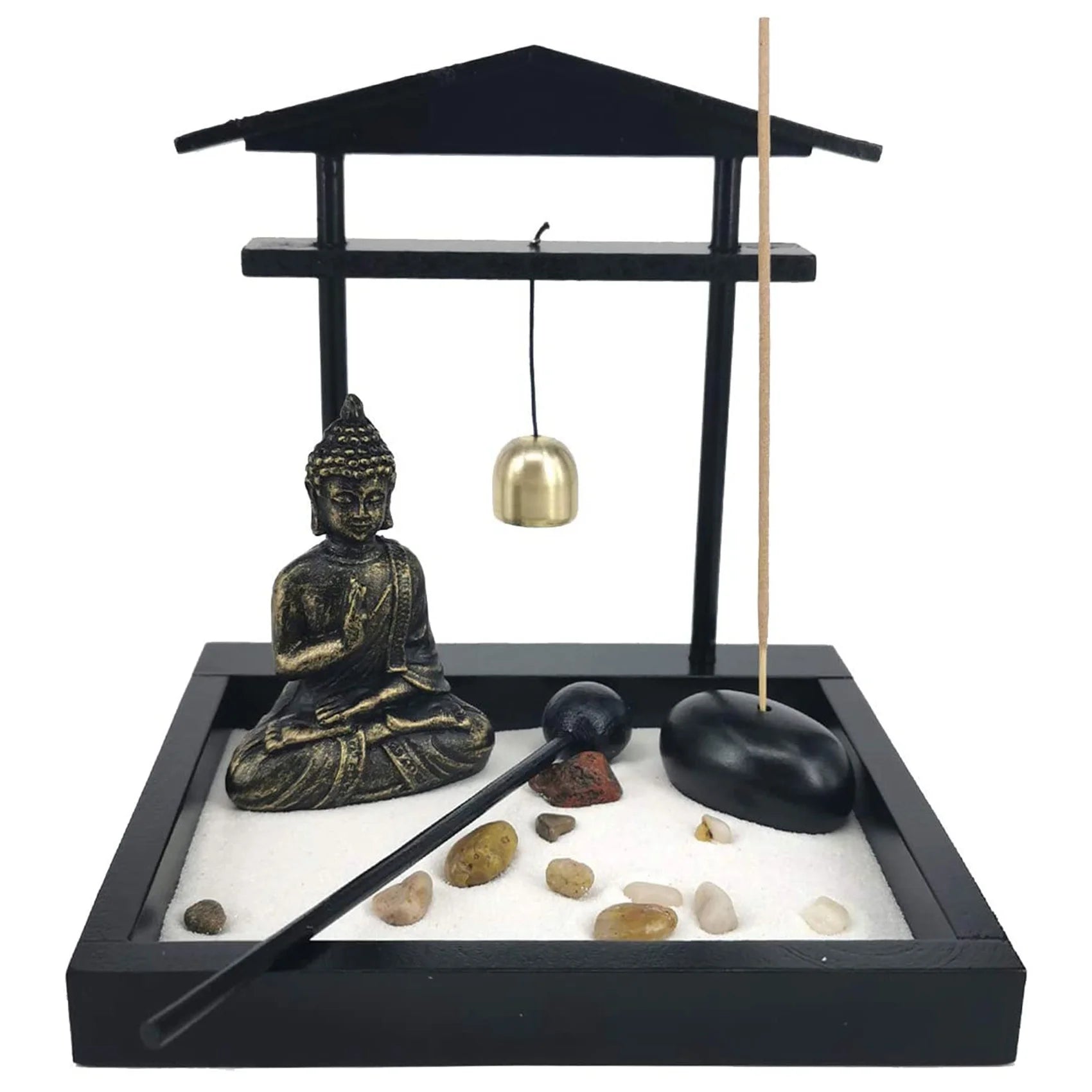 Desktop Zen Sand Garden with Meditating Buddha Statue – Complete Miniature Sand Tray Kit