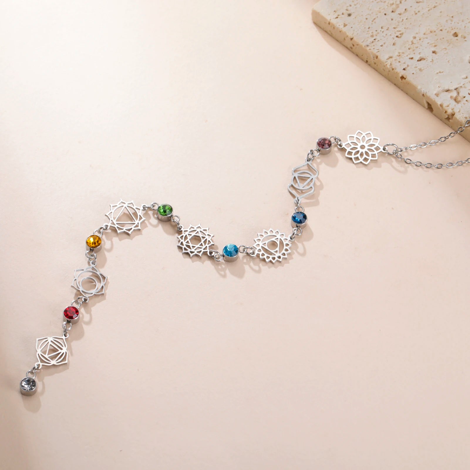 Yoga 7 Chakra Flower Necklace – Stainless Steel with Clear Zircon Charms