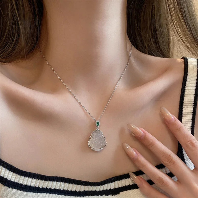 Blessing Jade Maitreya Buddha Pendant – Sterling Silver Good Fortune Necklace