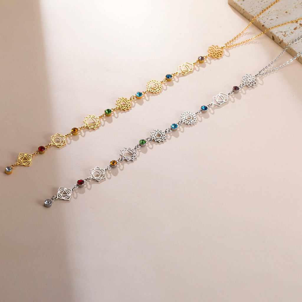 Yoga 7 Chakra Flower Necklace – Stainless Steel with Clear Zircon Charms