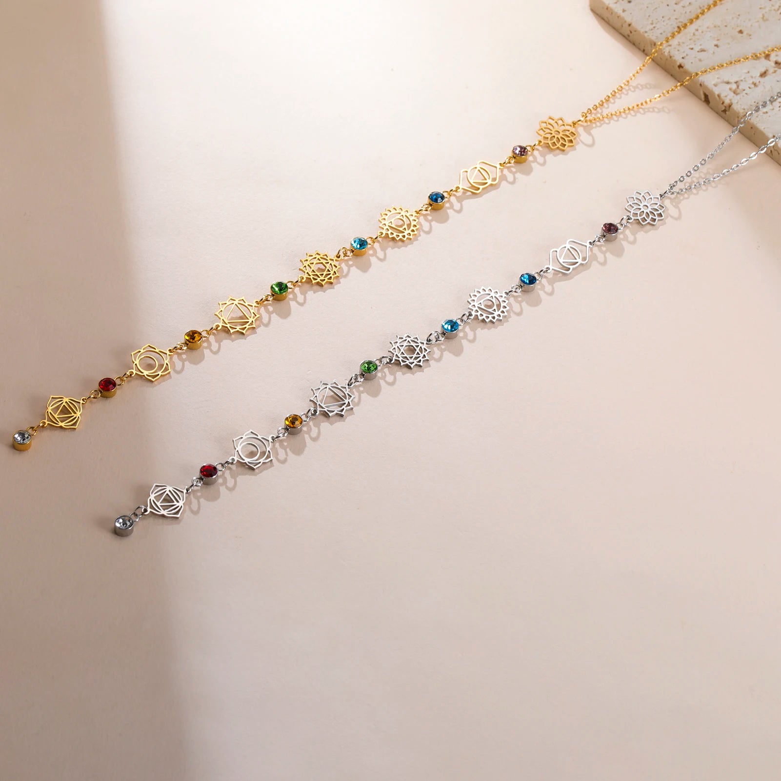 Yoga 7 Chakra Flower Necklace – Stainless Steel with Clear Zircon Charms