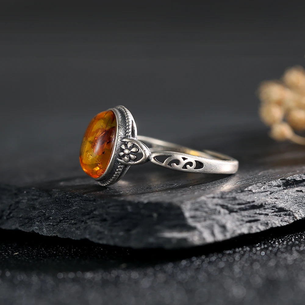 Natural Amber Ring – 925 Sterling Silver | Adjustable Unisex Gemstone Jewelry