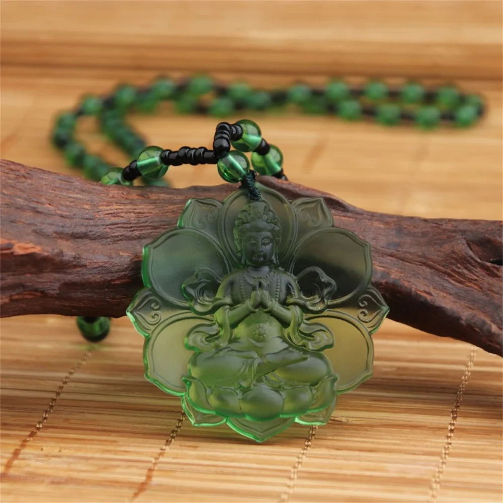 Ice Green Crystal Lotus GuanYin Amulet Necklace – Carved Buddhist Pendant with Beads | Lucky Protection Charm