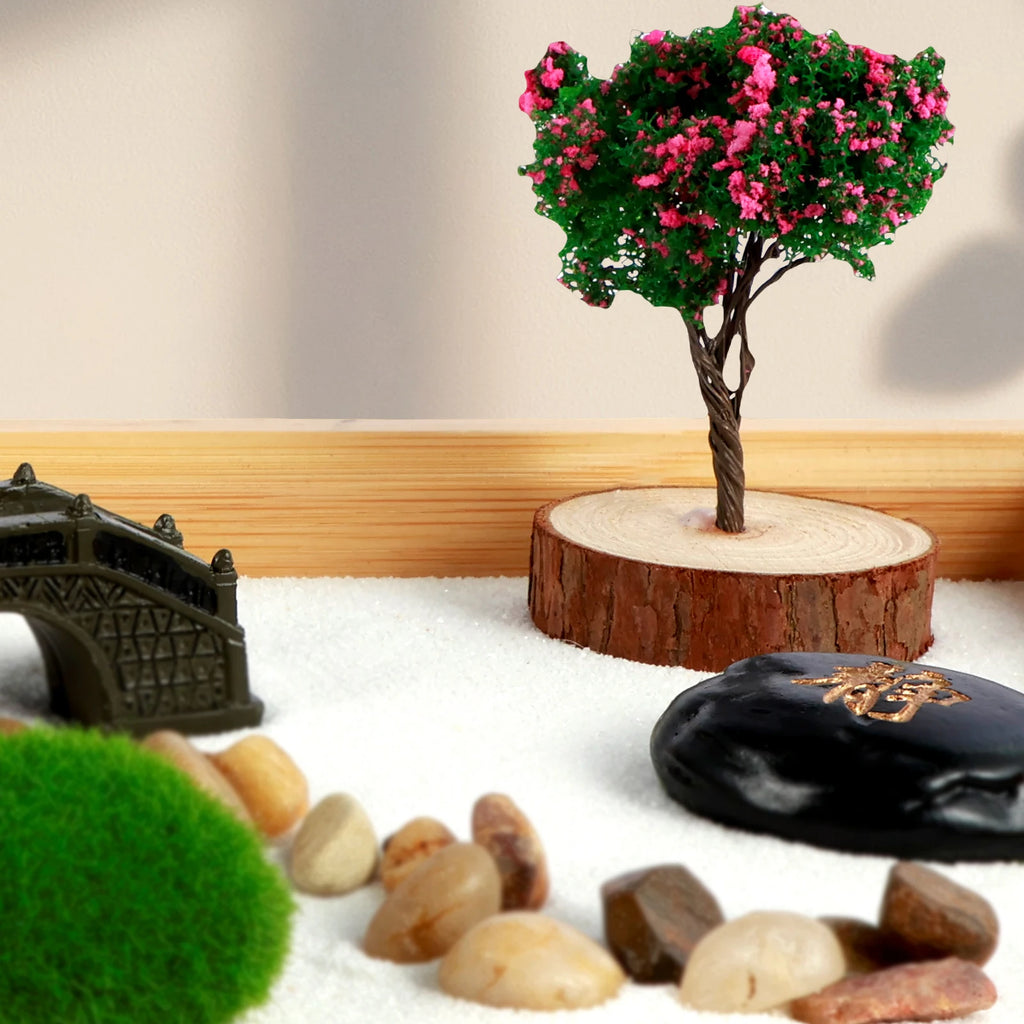 Mini Zen Garden Kit with Tree & Stone Bridge – Desktop Meditation Sand Tray