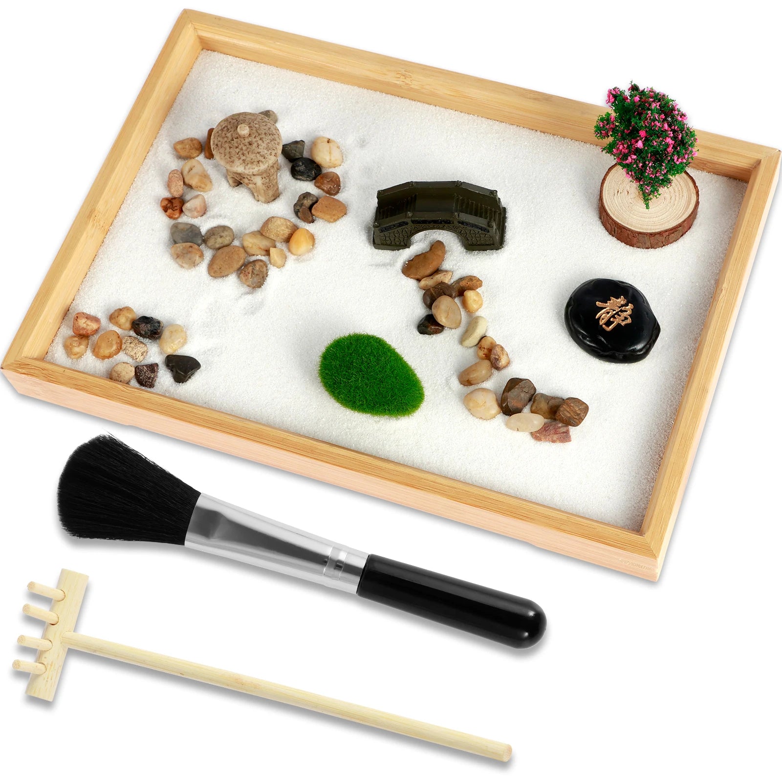 Mini Zen Garden Kit with Tree & Stone Bridge – Desktop Meditation Sand Tray