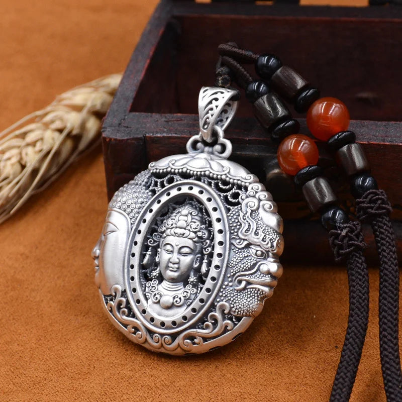 Retro Buddha & Guardian Amulet Necklace – Hand-Carved Blessing Pendant