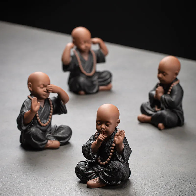 Four Little Monk Ceramic Statues – See No Evil, Hear No Evil, Speak No Evil & Prayer for Blessings