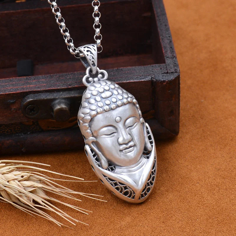 Silver Leaf Buddha Pendant Necklace