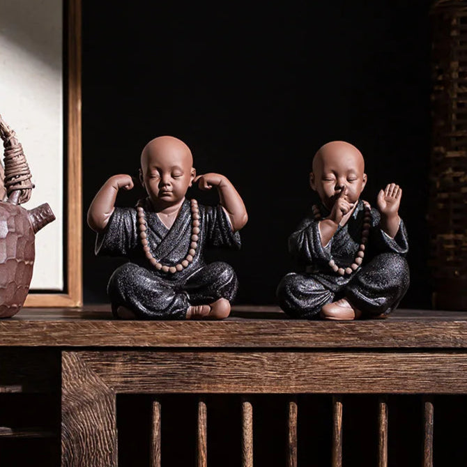 Four Little Monk Ceramic Statues – See No Evil, Hear No Evil, Speak No Evil & Prayer for Blessings