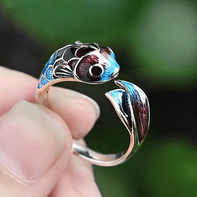 Meditation Koi Fish Ring – Silver-Plated Adjustable Enamel Jewelry | Symbol of Flow & Inner Harmony