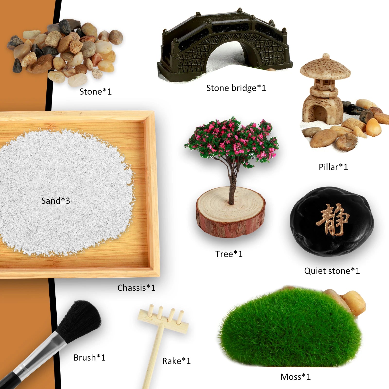 Mini Zen Garden Kit with Tree & Stone Bridge – Desktop Meditation Sand Tray