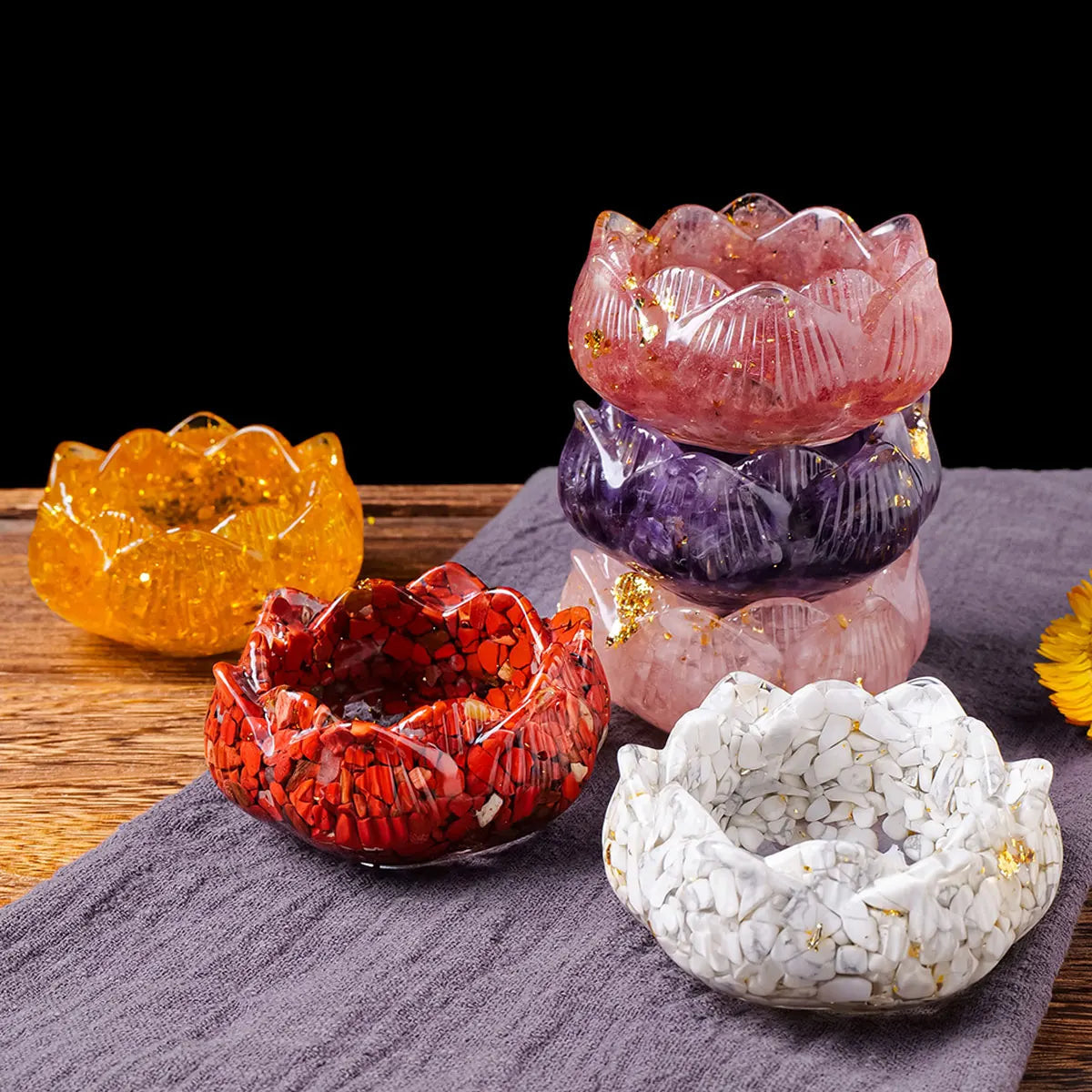 Natural Crystal Lotus Flower Base – Gemstone Candle or Sphere Holder
