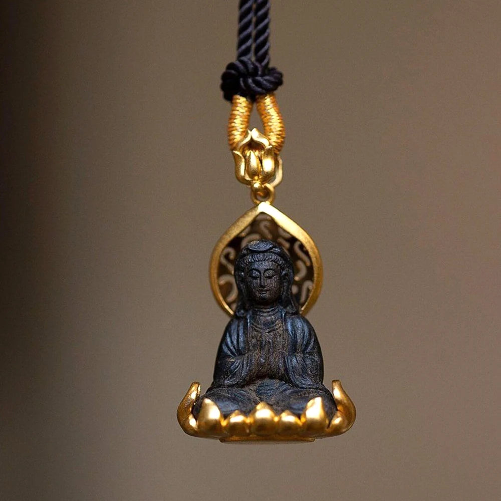 Handmade Guanyin Buddha Pendant Necklace – Adjustable Black Rope Spiritual Jewelry