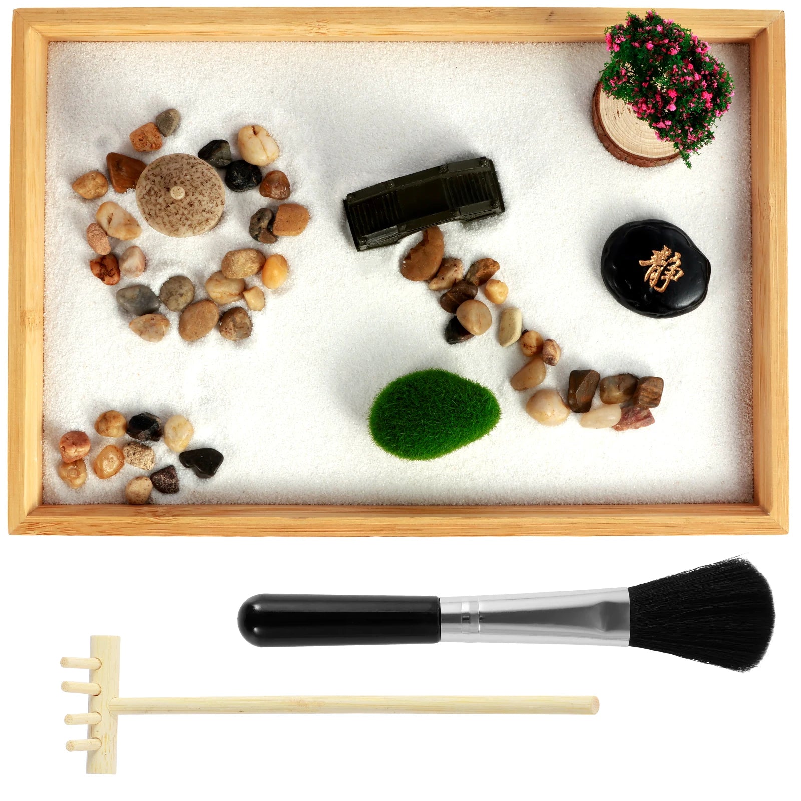 Mini Zen Garden Kit with Tree & Stone Bridge – Desktop Meditation Sand Tray