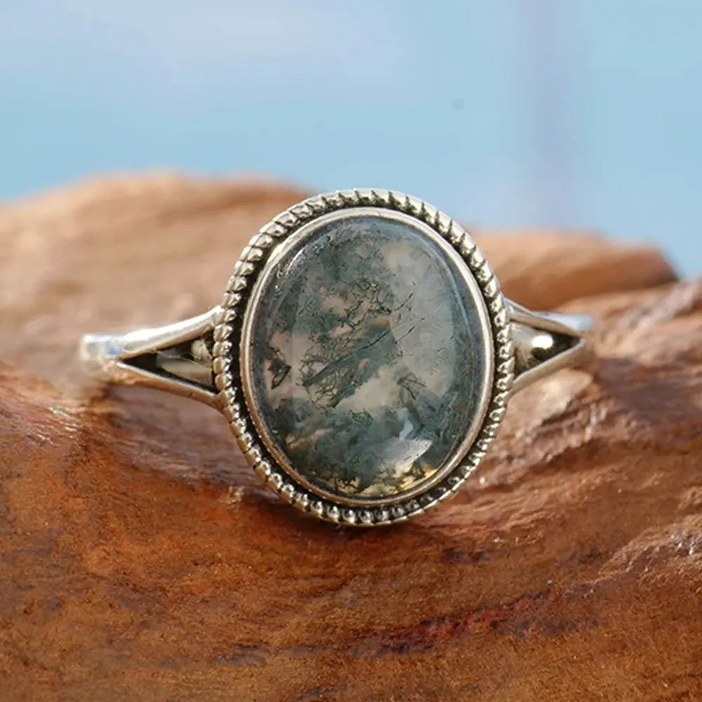 Natural Moss Agate Ring – 925 Sterling Silver | Adjustable Unisex Gemstone Jewelry