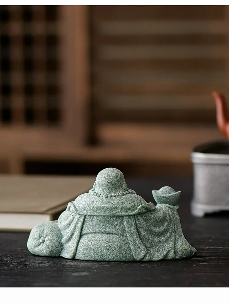 Green Sandstone Laughing Buddha Statue Chinese Buddhist figures Zen Buddha Home Room Office Wealth Luck Feng Shui Decor