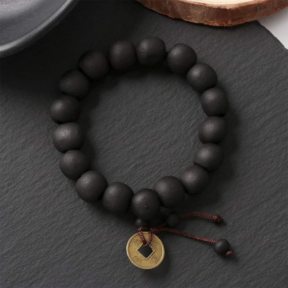 Wood Bead Buddha Bracelet – Copper Coin Lucky Prayer Bangle