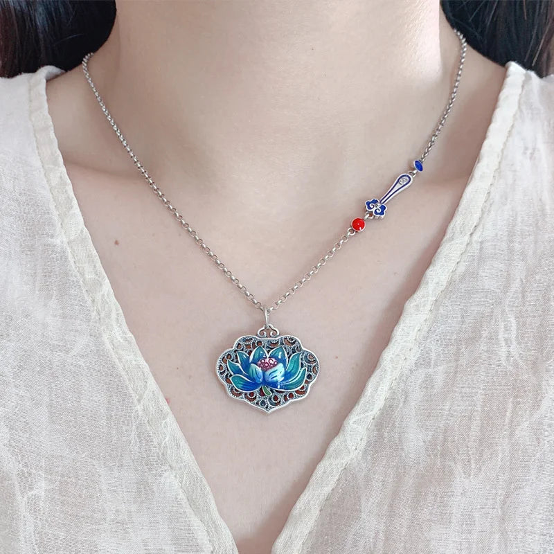 Vintage Hollow Lotus Pendant Necklace – Six Character Mantra Blessing