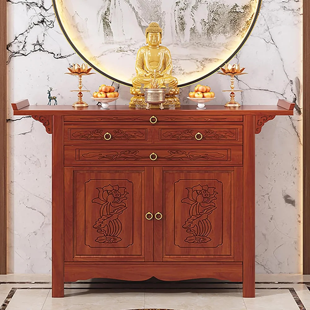 Buddha Altar Table – Bamboo Personal Shrine Cabinet with Drawers & Display Shelf