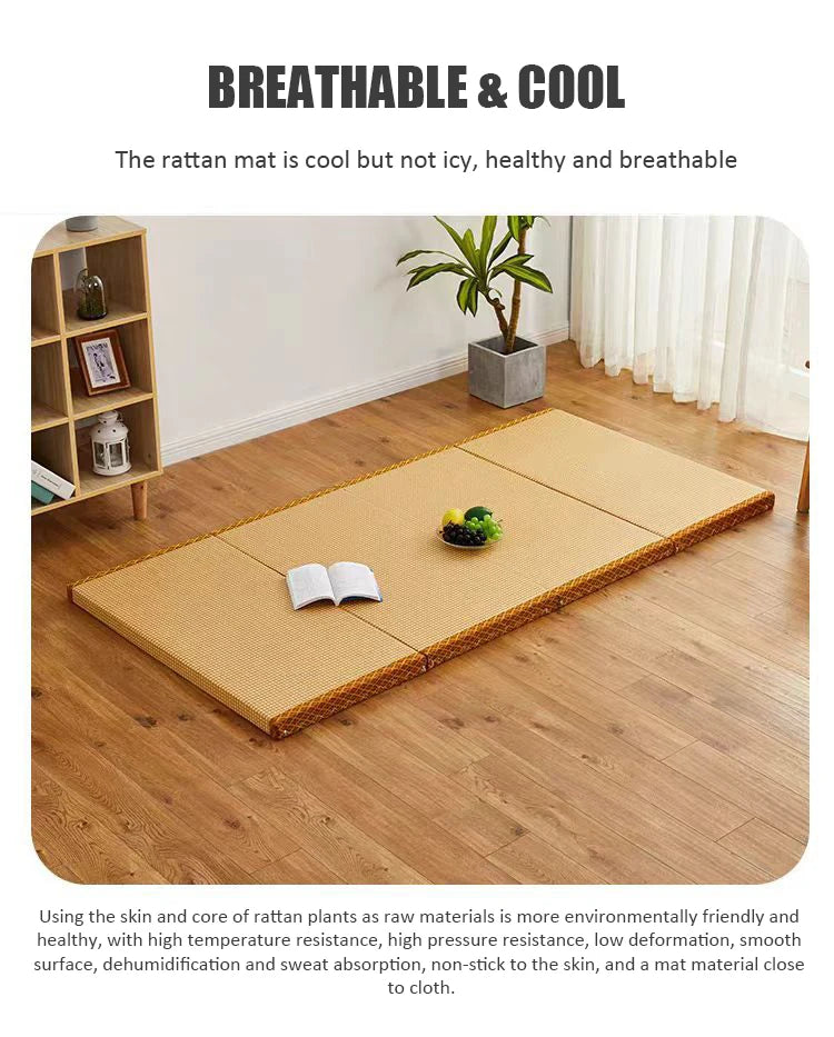 Foldable Tatami Meditation Mattress – Hard 3E Coconut Palm Core | Rattan Yoga Pad & Floor Bed