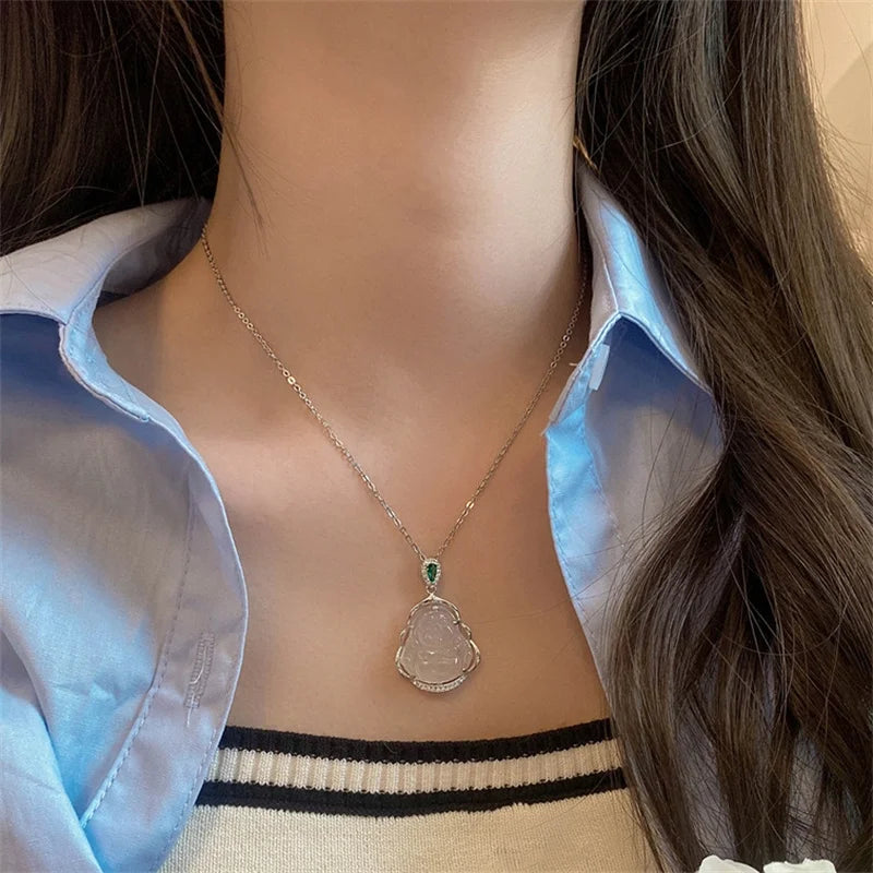 Blessing Jade Maitreya Buddha Pendant – Sterling Silver Good Fortune Necklace