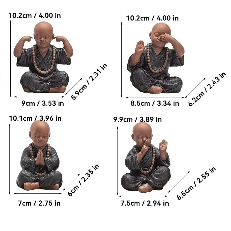 Four Little Monk Ceramic Statues – See No Evil, Hear No Evil, Speak No Evil & Prayer for Blessings