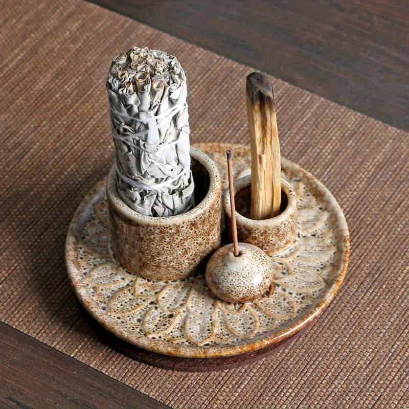 4-in-1 Ceramic Palo Santo &amp; Incense Holder – Meditation & Home Décor Tray