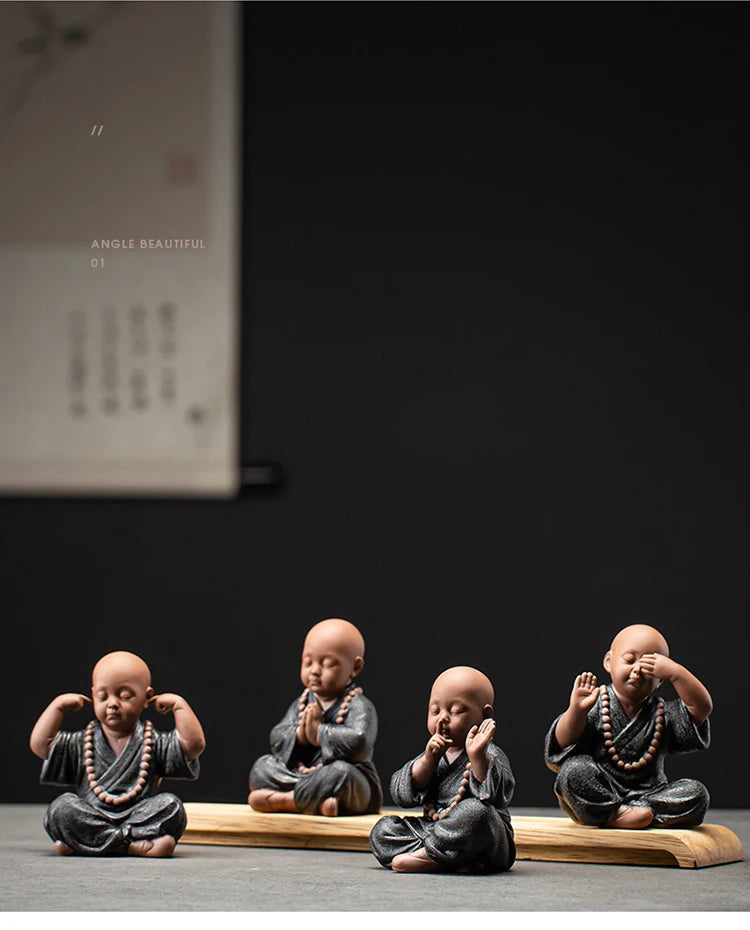 Four Little Monk Ceramic Statues – See No Evil, Hear No Evil, Speak No Evil & Prayer for Blessings