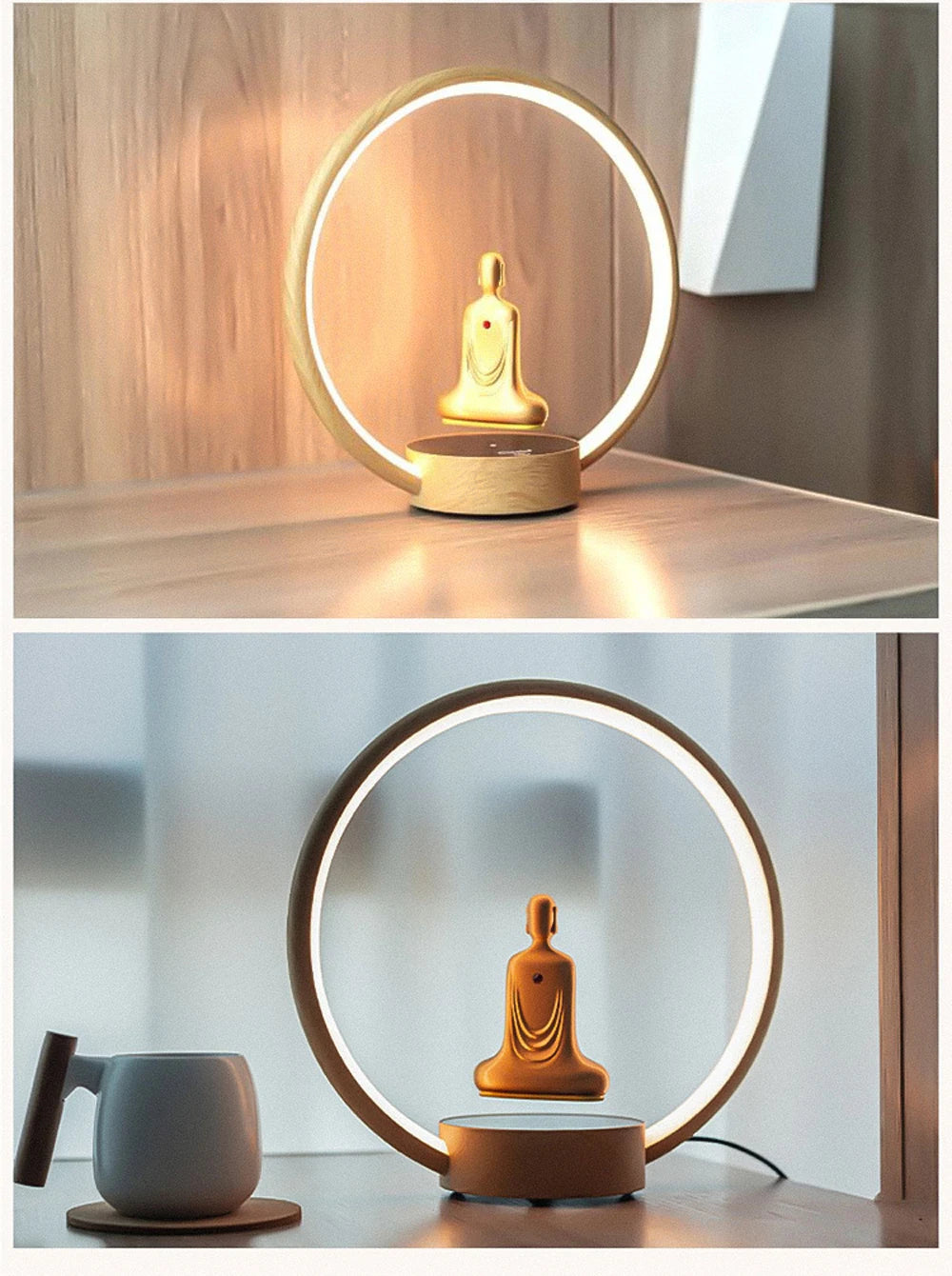 Magnetic Levitation Faceless Buddha Lamp – Gold-Plated Zen Meditation Light with Auto Rotation & Touch Control