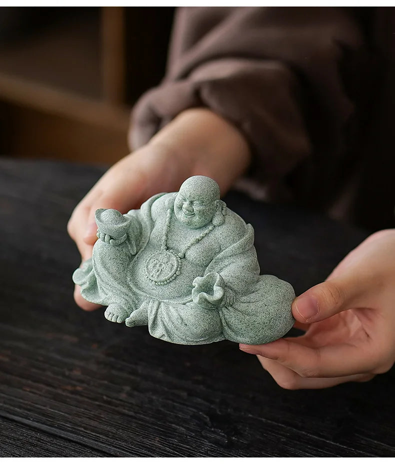 Green Sandstone Laughing Buddha Statue Chinese Buddhist figures Zen Buddha Home Room Office Wealth Luck Feng Shui Decor