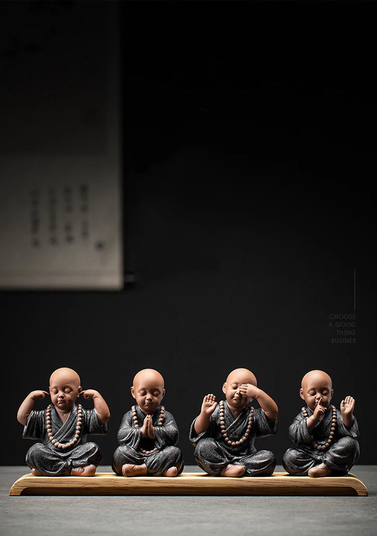 Four Little Monk Ceramic Statues – See No Evil, Hear No Evil, Speak No Evil & Prayer for Blessings