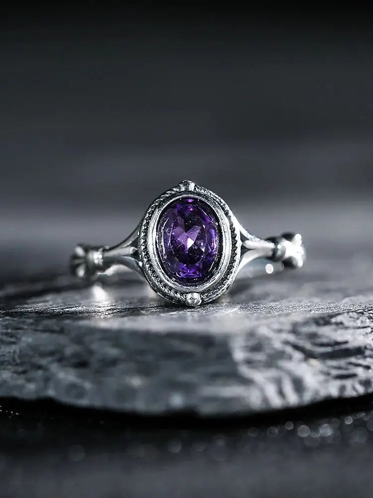 Natural Amethyst Ring – 925 Sterling Silver | Adjustable Unisex Purple Gemstone Jewelry