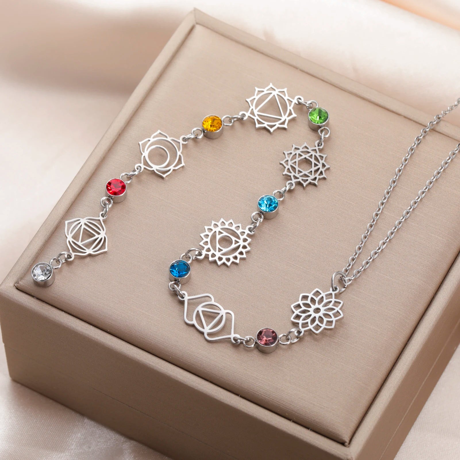 Yoga 7 Chakra Flower Necklace – Stainless Steel with Clear Zircon Charms
