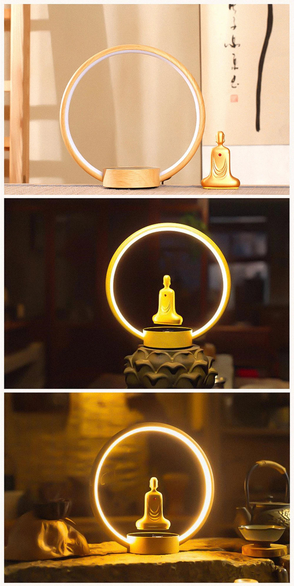 Magnetic Levitation Faceless Buddha Lamp – Gold-Plated Zen Meditation Light with Auto Rotation & Touch Control
