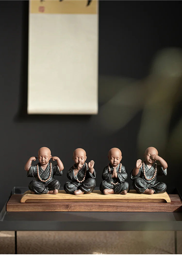Four Little Monk Ceramic Statues – See No Evil, Hear No Evil, Speak No Evil & Prayer for Blessings